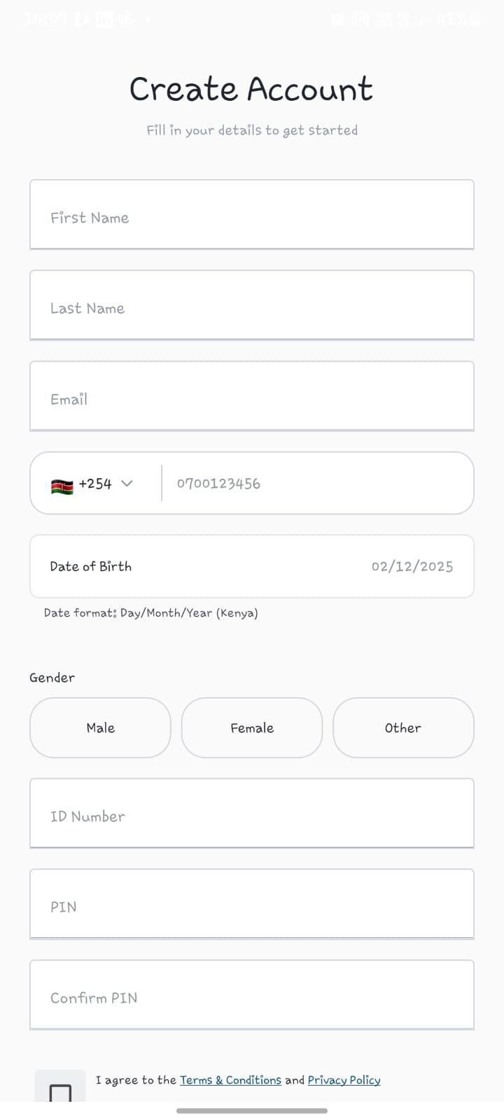 Create Account screenshot