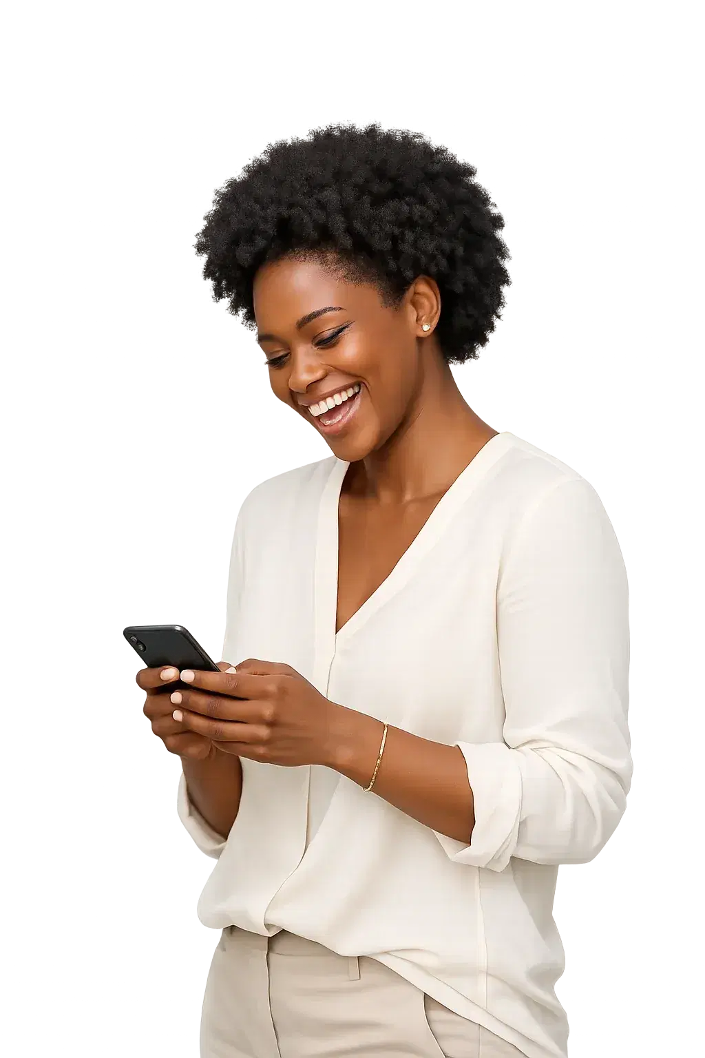 Black woman laughing while checking her phone
